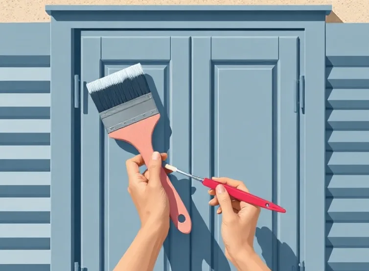 Mise en peinture au pinceau de volets et d'encadrements en bois