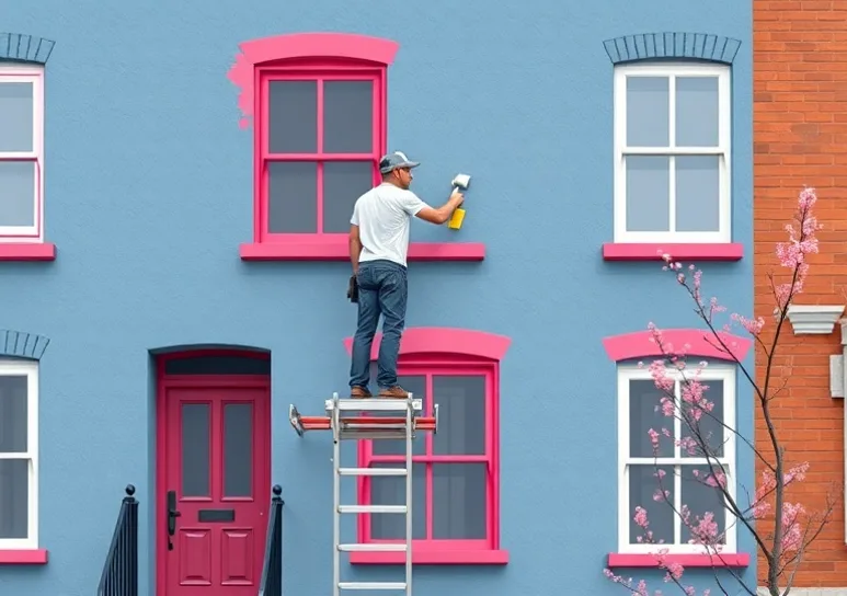 Peintre sur échafaudage traitant la façade d'une maison