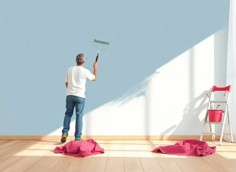 Peintre appliquant la peinture au rouleau sur un mur de salon
